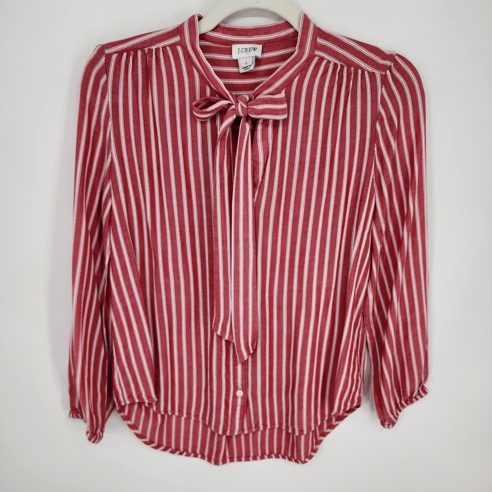 J Crew Striped Tie Neck Blouse Top Womens S Red White Bow Nautical Long Sleeves
